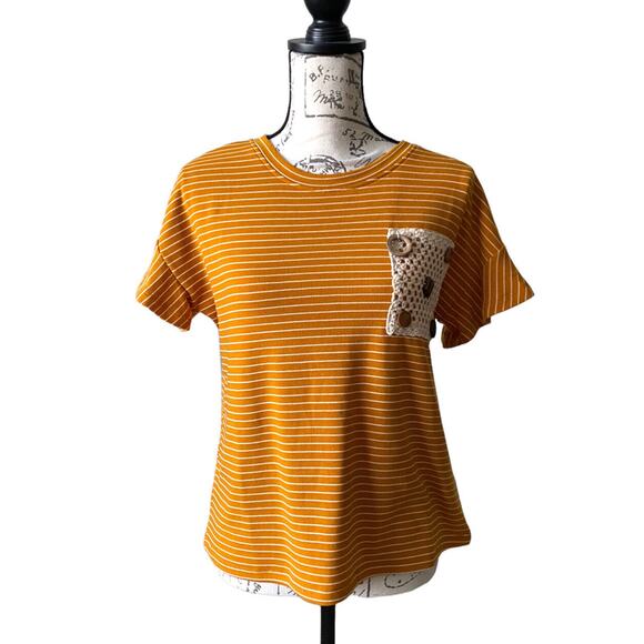 Hem & Thread Anthro Yellow White Stripe Flutter Sleeve Crochet Shirt Top Small - Picture 1 of 8
